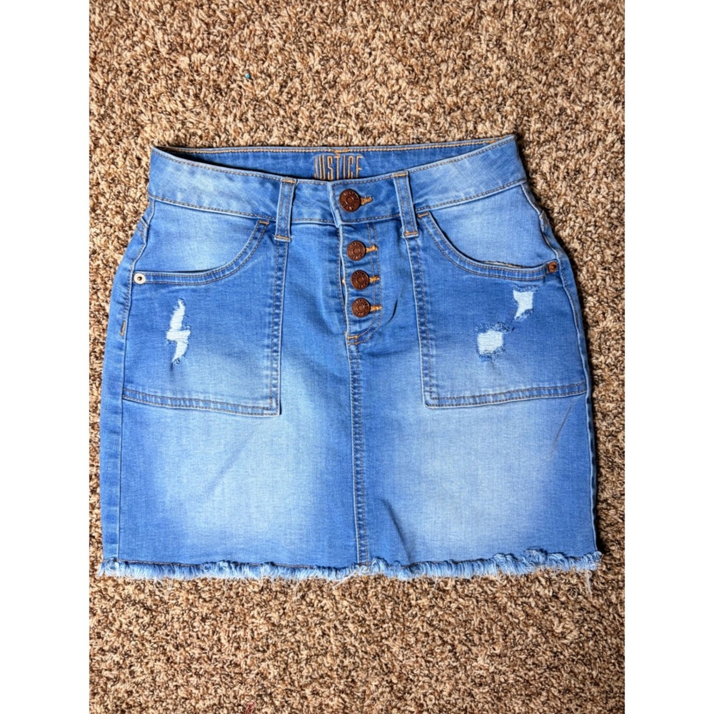 Y2K Justice Girls Denim Mini Skort Light Wash Button Front Distressed Size 14 #8